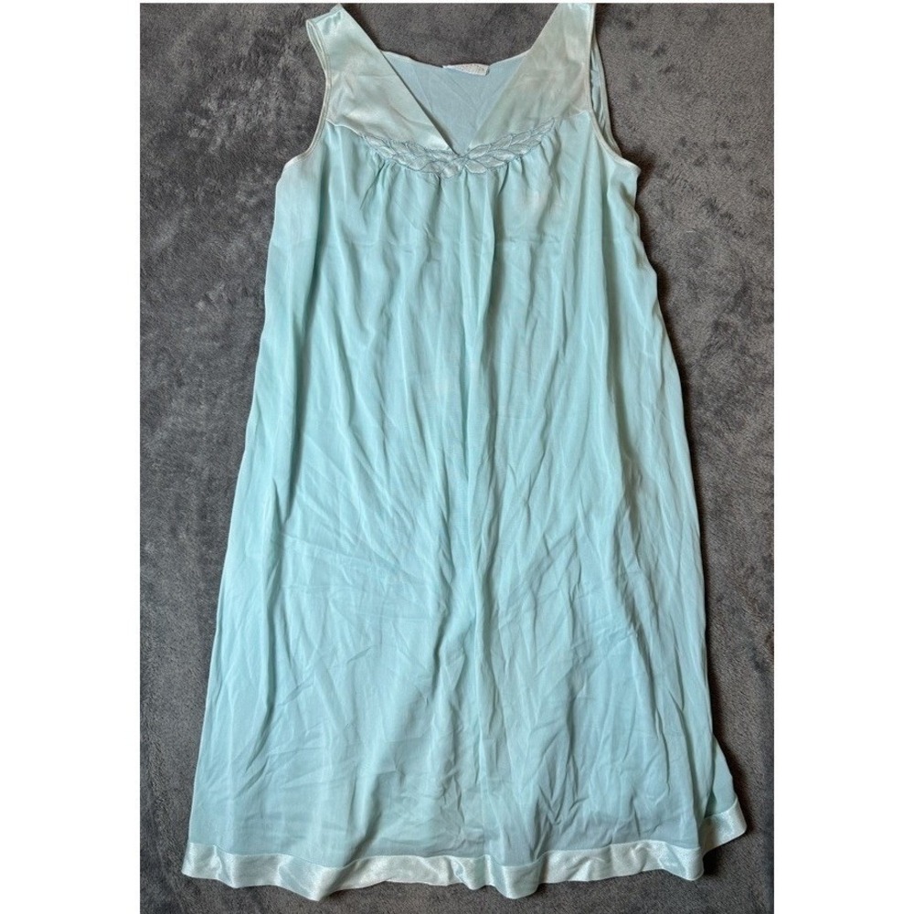 Vintage Vasserette Nightgown M Medium Mint Green Blue Nylon Satin Lace‎ Retro